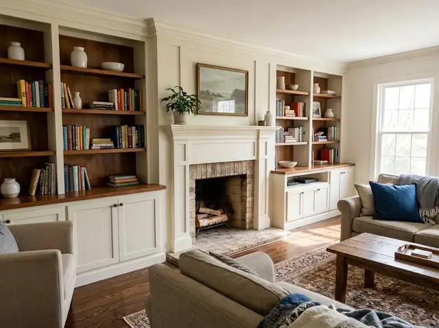 Fireplace mantel with built-in bookshelves and an entertainment cabinet (illustration)